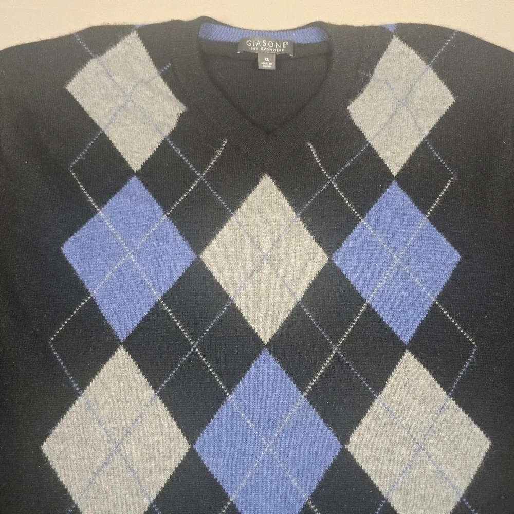 Giasone Cashmere Knit Argyle Crew Neck Pullover Sweater Black Gray Blue Men's XL